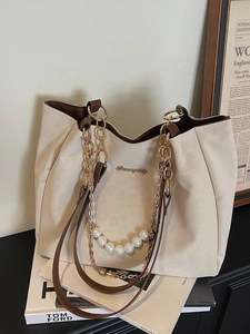 Women Korean Style PU Leather Tote Bag Large Capacity Commuting Shoulder Bag With Artificial Pearl Chain And Metal Flower Decoration