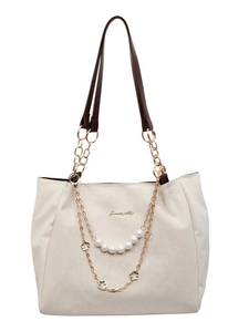 Chic cream large tote bag with gold chain pearl floral charms and contrast handles