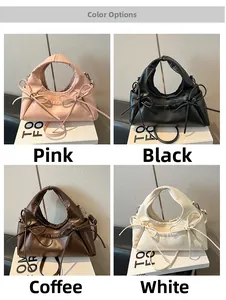 Collage showing four crescent bow bags in pink, black, coffee and white PU leather