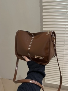 Women Shoulder Crossbody Bag Glossy PU Leather Contrast Stitching Vintage Korean Style Fashion Daily Satchel For Ladies