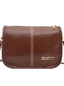 Brown vintage faux leather shoulder bag with white contrast stitching and gold logo