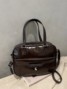Women PU Leather Shoulder Bag Large Capacity Bow Heart Pendant Boston Handbag Casual Vintage Everyday Tote Bag