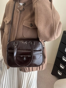 Brown bowling bag with bow and heart charm, stylish large capacity PU shoulder bag