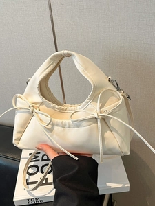 Women Bowknot Pleated Hobo Bag PU Leather Sweet Small Handbag For Daily Street Fashion Korean Style Shoulder Bag