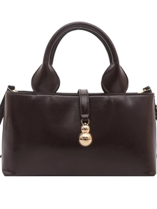 Elegant dark brown tote bag with glossy leather finish and golden gourd charm detail