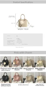 Detailed chart showing PU leather handbag dimensions and eight various color options