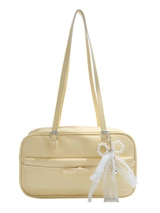 Creamy yellow JK style shoulder bag with pearl lace bow and silver buckles