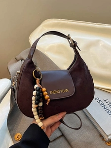 Women Vintage Suede Splicing Underarm Bag Urban Minimalist Half Moon Shoulder Crossbody Bag With Bead Charm Casual Commuting Small Square Bag