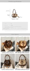 Detailed size specifications for drawstring bucket bag with cute bear pendant and printed PU