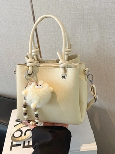 Women Fashion Litchi Texture PU Leather Tote Bag Minimalist Bucket Handbag With Knot Handle Plush Sheep Charm Crossbody