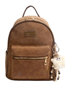 Sac à dos marron en similicuir avec motifs de dessins animés et charm en peluche