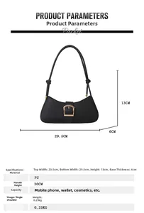 Detail view of black PU underarm bag showing dimensions 29.5cm width and gold hardware