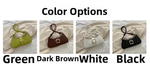 Detailed grid view of minimalist faux leather shoulder bags in green, brown, white and black