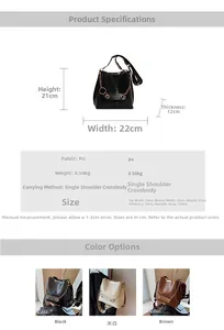 Detail showing bucket bag dimensions 22x21x12cm with PU leather material and color options