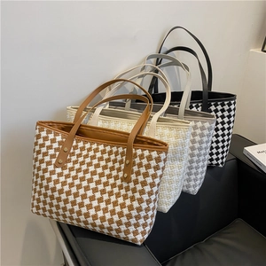Damen Große Kapazität Hahnentritt Tweed Tote Bag Urban Schlicht Schachbrett Schultertasche Mit PU Lederriemen Und Nieten