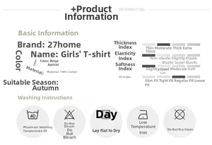 Tableau des tailles et détails du matériau pour t-shirt en coton pour filles