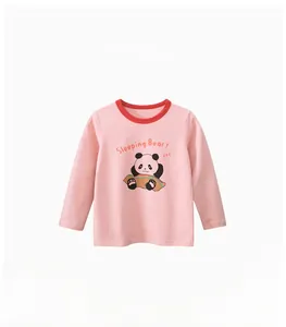 Close-up of pink cotton T-shirt with cartoon panda pattern and red crew neckline