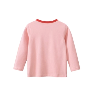 Detailed back view of pink cotton long-sleeved kids' T-shirt with red crew neck trim