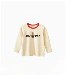 Detail of baby long sleeve tee with red contrast collar and cute cartoon bear print