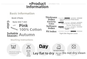 Detailed size chart and 100% cotton material specifications for girls' pink autumn t-shirt