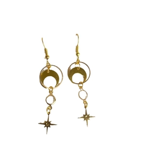 Bohemian gold star and moon long drop earrings with S925 hooks and crystal accents