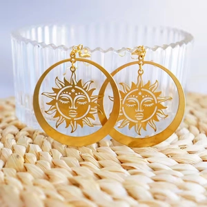 Bohemian Hollow Sun God Face Hoop Earrings Alloy Vintage Celestial Jewelry With 925 Sterling Silver Earring Post For Women