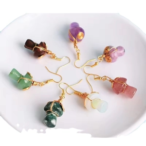 Handmade woven crystal mushroom earrings featuring multiple colorful gemstones and gold wire