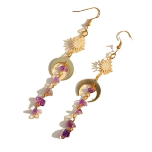 Golden sun and moon earrings with amethyst stones and bohemian tassel design