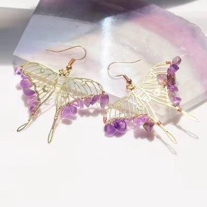 Amethyst Crystal Butterfly Dangle Earrings Handmade Golden Wire Hollow Bohemian Style Drop Jewelry For Women