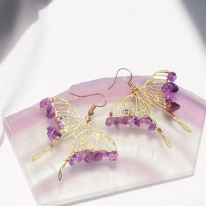 Handmade bohemian butterfly earrings with gold filigree and purple amethyst crystal stones