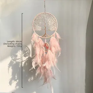Pink Tree of Life dreamcatcher with soft feathers showing 66cm length measurement