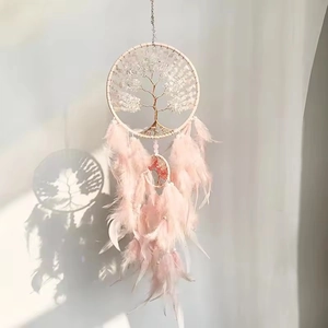 Pink Tree of Life dream catcher with crystal stones and feathers for wall decoration
