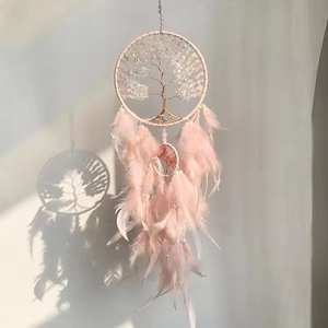 Pink feather tree of life dream catcher with crystal stones for home window decor