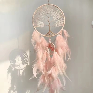 Handmade Tree of Life dream catcher with pink feathers and crystals for home wall decor