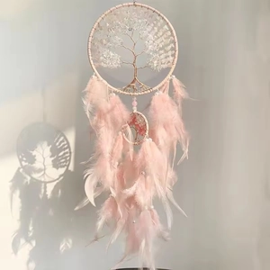 Macro detail of Tree of Life crystal dreamcatcher with pink feathers and shadow