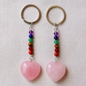 Pink crystal heart keychain with multi-colored chakra beads and silver metal ring