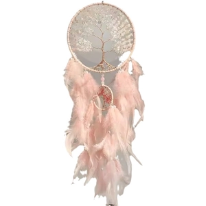 Pink Tree of Life dream catcher with crushed stones and fluffy feathers home decor