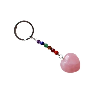 Rainbow gemstone beaded keychain with polished pink crystal heart pendant and silver ring