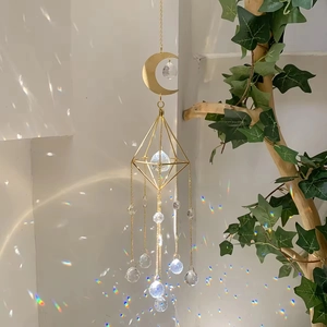 Bohemian gold metal suncatcher with moon, geometric frame and K9 crystal balls