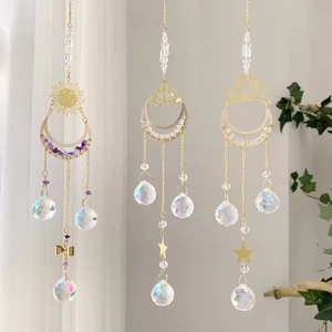 Crystal Suncatcher Hanging Ornament Lotus Moon Sun Moth Design Gold Metal Prism Ball For Window Decor Bohemian Style