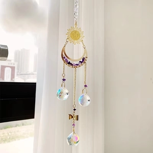 White crystal lotus moon suncatcher with purple stones and hanging faceted crystal balls