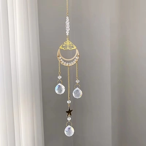 Clear quartz moon and lotus suncatcher with golden star pendants for home window decor
