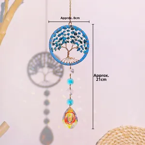 Detail of tree of life suncatcher with 8cm blue woven ring and crystal teardrop prism
