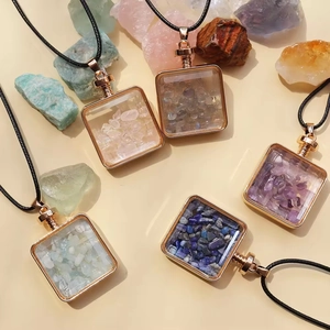 Square glass perfume bottle pendant necklace with colorful natural crystal stones