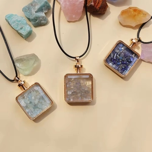 Square glass perfume bottle necklace with natural crystal stones and gold metal frame