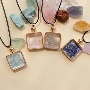 Set of four crystal stone perfume bottle necklaces with gold square pendant and cord