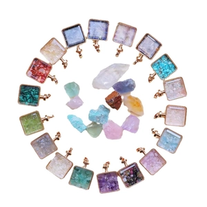 Square perfume bottle pendants with assorted natural crystal gravel in metal frames