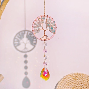 Detail of pink crystal life tree car hanging ornament with hanging teardrop prism