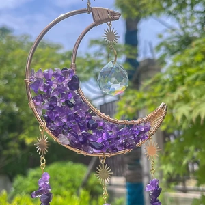 Handmade moon sun catcher with purple amethyst stones and crystal prism for outdoor decor
