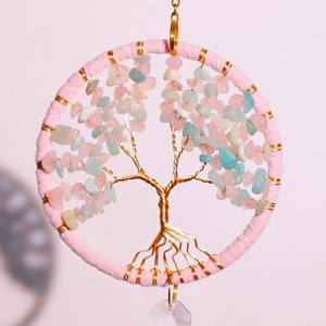 Detailed Tree of Life suncatcher with pink quartz, amazonite beads and crystal pendant